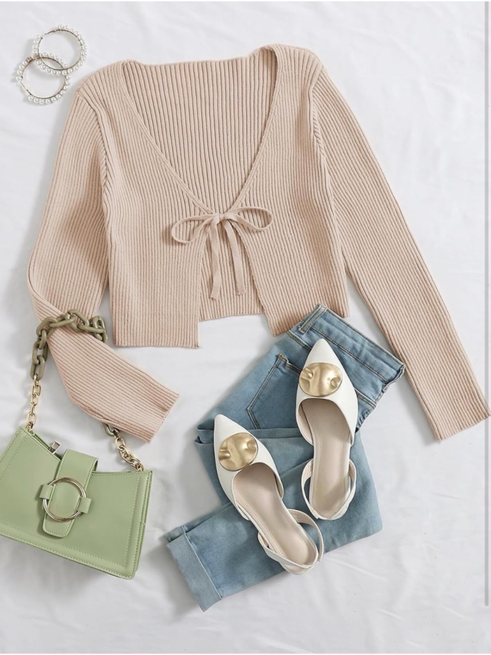 Beige Ribbed Tie-Front Sweater Top
